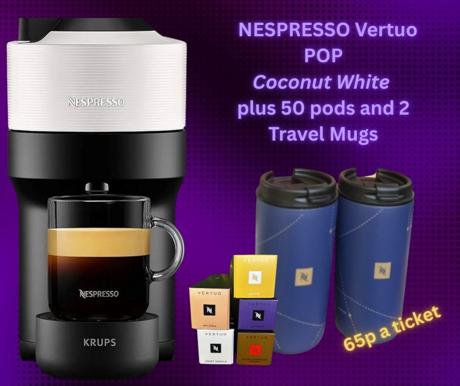 Won NESPRESSO Vertuo POP Machine with 50 pods and 2 travel mugs